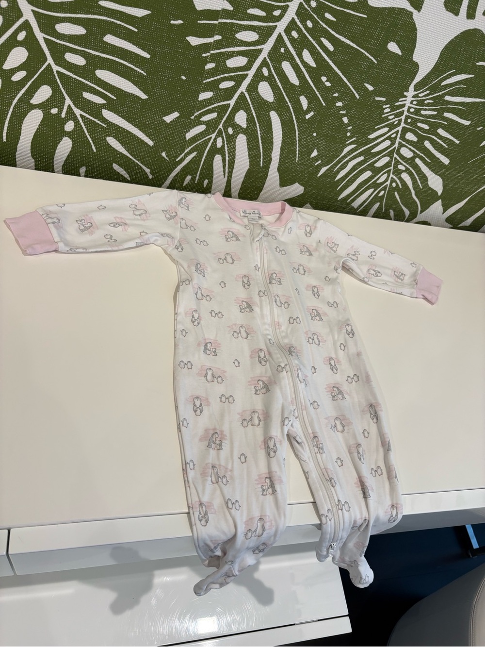 Kissy Kissy White Footed One-Piece with Pink Trim and Animal Print🐧